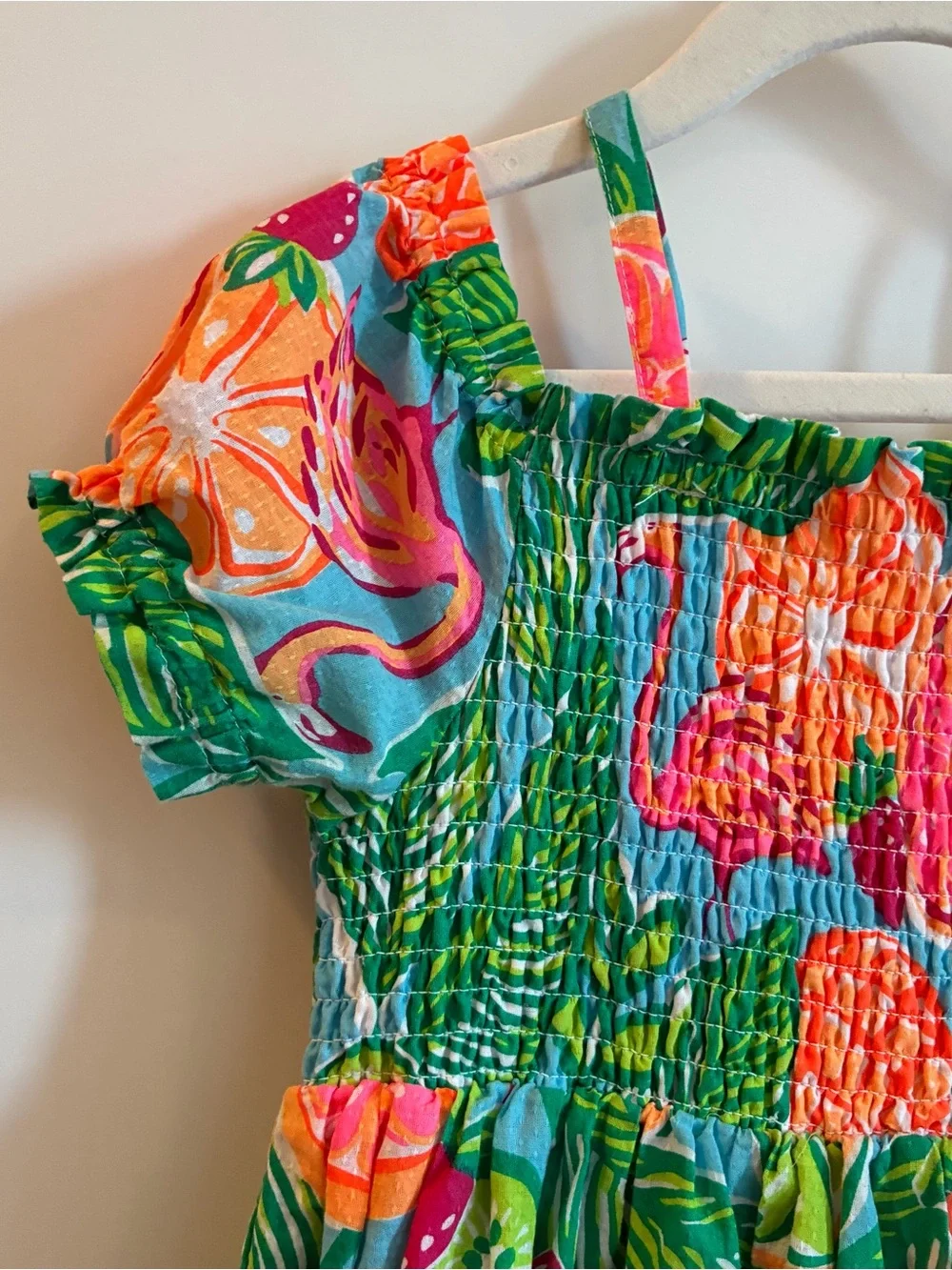 Girls' Tropical Green Pink and Orange Smocked Sundress Size 7